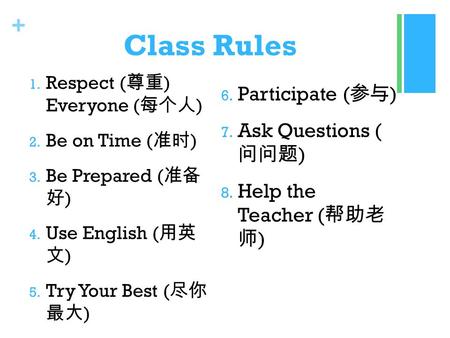 + Class Rules 1. Respect ( 尊重 ) Everyone ( 每个人 ) 2. Be on Time ( 准时 ) 3. Be Prepared ( 准备 好 ) 4. Use English ( 用英 文 ) 5. Try Your Best ( 尽你 最大 ) 6. Participate.