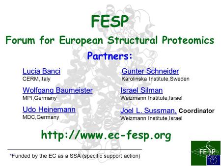 Partners:  *Funded by the EC as a SSA (specific support action) FESP Forum for European Structural Proteomics Lucia Banci CERM,Italy.
