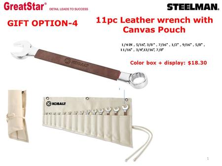 11pc Leather wrench with Canvas Pouch 1/4 IN ， 5/16”, 3/8 “ ， 7/16 ， 1/2 ， 9/16 ， 5/8 ， 11/16 ， 3/4“,13/16”, 7/8” 1 GIFT OPTION-4 Color box + display: