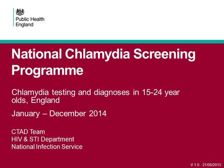 National Chlamydia Screening Programme Chlamydia testing and diagnoses in 15-24 year olds, England January – December 2014 CTAD Team HIV & STI Department.