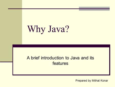 Why Java? A brief introduction to Java and its features Prepared by Mithat Konar.