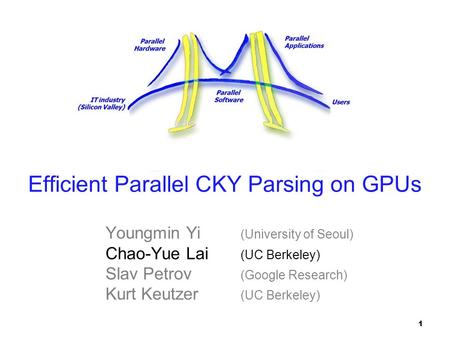 Parallel Applications Parallel Hardware Parallel Software IT industry (Silicon Valley) Users Efficient Parallel CKY Parsing on GPUs Youngmin Yi (University.