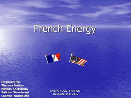ENERGY LAW - FRANCE - November, 28th 2005 French Energy Prepared by: Theresa Jordan Natalia Kalitynska Sabrina Woodward Laetitia Youssouffa.
