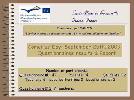 Lycée Alexis de Tocqueville Grasse, France Comenius Day: September 25th, 2009 Questionnaires results & Report Comenius project 2009-2011 ‘Sharing cultures.