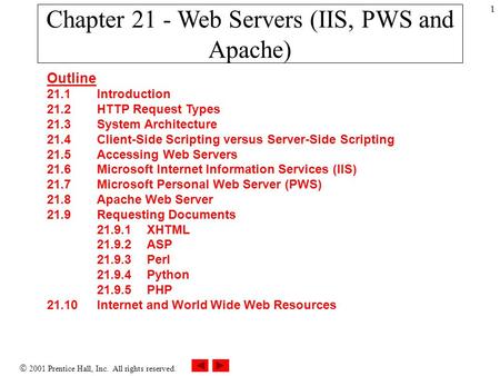  2001 Prentice Hall, Inc. All rights reserved. 1 Chapter 21 - Web Servers (IIS, PWS and Apache) Outline 21.1 Introduction 21.2 HTTP Request Types 21.3.