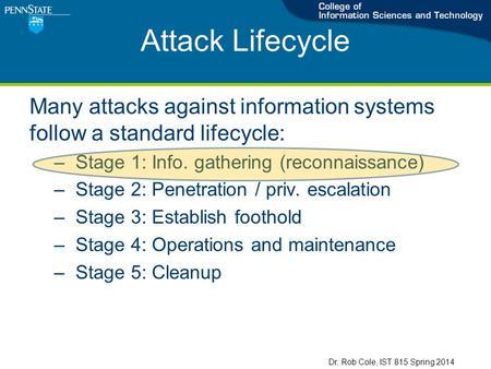 Attack Lifecycle Many attacks against information systems follow a standard lifecycle: –Stage 1: Info. gathering (reconnaissance) –Stage 2: Penetration.