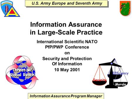 Information Assurance Program Manager U.S. Army Europe and Seventh Army Information Assurance in Large-Scale Practice International Scientific NATO PfP/PWP.