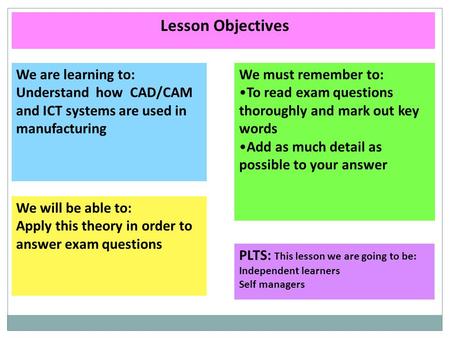 Lesson Objectives We are learning to: Understand how CAD/CAM and ICT systems are used in manufacturing We will be able to: Apply this theory in order to.