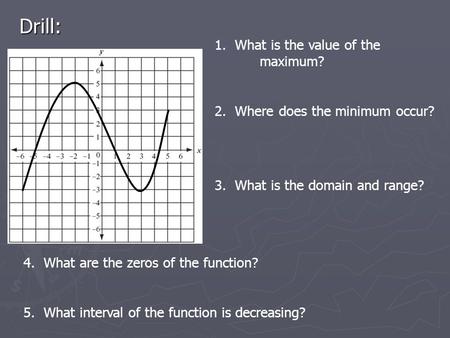 Drill: 1. What is the value of the maximum? 2. Where does the minimum occur? 3. What is the domain and range? 4. What are the zeros of the function? 5.