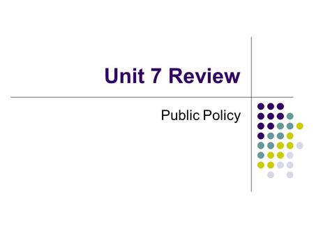 Unit 7 Review Public Policy. The Policymaking Process Recognizing the Problem Formulating the Policy Adopting the Policy Implementing the Policy Evaluating.