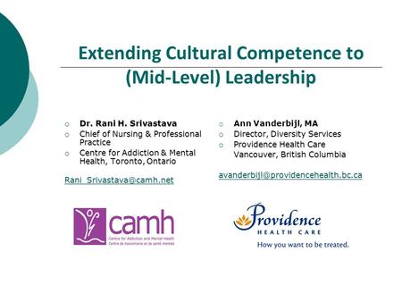 Extending Cultural Competence to (Mid-Level) Leadership  Dr. Rani H. Srivastava  Chief of Nursing & Professional Practice  Centre for Addiction & Mental.
