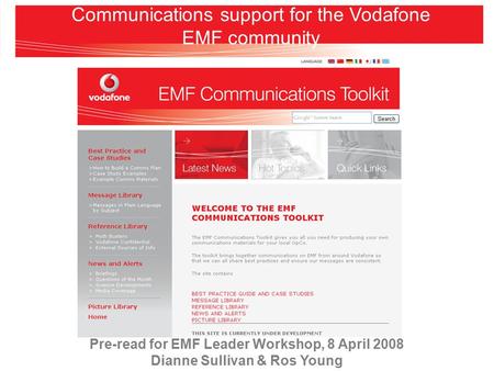 Communications support for the Vodafone EMF community Pre-read for EMF Leader Workshop, 8 April 2008 Dianne Sullivan & Ros Young.