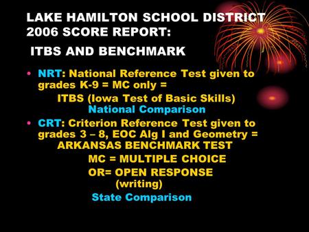 LAKE HAMILTON SCHOOL DISTRICT 2006 SCORE REPORT: ITBS AND BENCHMARK NRT: National Reference Test given to grades K-9 = MC only = ITBS (Iowa Test of Basic.