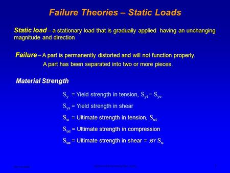 Ken Youssefi Mechanical Engineering Dept., SJSU 1 Failure Theories – Static Loads Static load – a stationary load that is gradually applied having an unchanging.