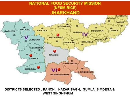 DISTRICTS SELECTED : RANCHI, HAZARIBAGH, GUMLA, SIMDEGA & WEST SINGHBHUM NATIONAL FOOD SECURITY MISSION (NFSM-RICE) JHARKHAND.