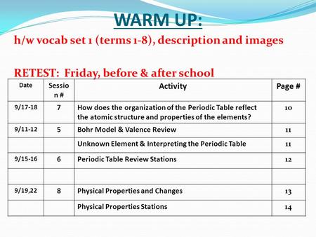 WARM UP: h/w vocab set 1 (terms 1-8), description and images RETEST: Friday, before & after school Date Sessio n # ActivityPage # 9/17-18 7How does the.