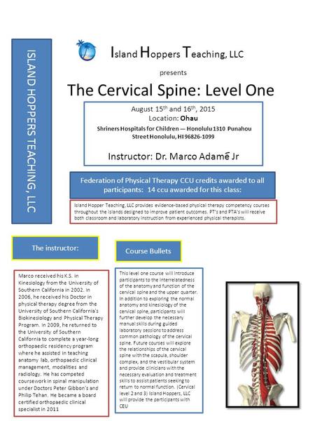ISLAND HOPPERS TEACHING, LLC I sland H oppers T eaching, LLC presents The Cervical Spine: Level One August 15 th and 16 th, 2015 Location: Ohau Shriners.