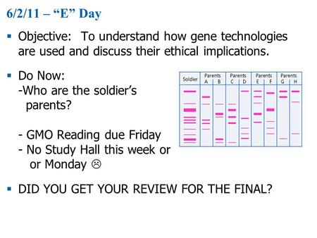 6/2/11 – “E” Day Objective: To understand how gene technologies are used and discuss their ethical implications. Do Now: -Who are the soldier’s parents?