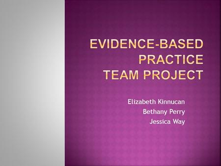Elizabeth Kinnucan Bethany Perry Jessica Way.  Practice based on research findings “Evidence based practice provides opportunities for nursing care to.