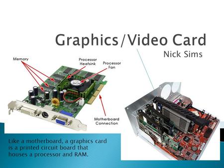 Nick Sims Like a motherboard, a graphics card is a printed circuit board that houses a processor and RAM.
