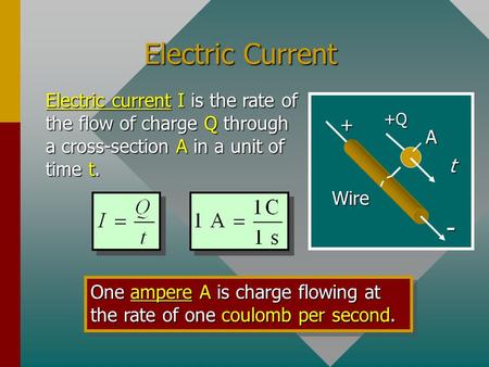Electric Current Electric current I is the rate of the flow of charge Q through a cross-section A in a unit of time t. One ampere A is charge flowing.