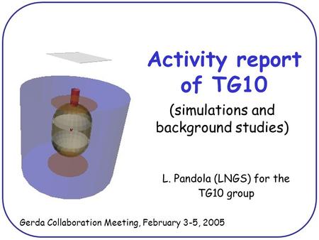 Activity report of TG10 L. Pandola (LNGS) for the TG10 group Gerda Collaboration Meeting, February 3-5, 2005 (simulations and background studies)