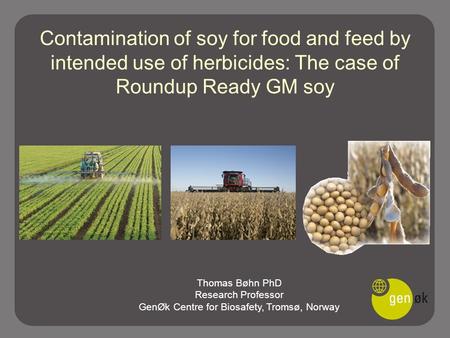 Contamination of soy for food and feed by intended use of herbicides: The case of Roundup Ready GM soy Thomas Bøhn PhD Research Professor GenØk Centre.