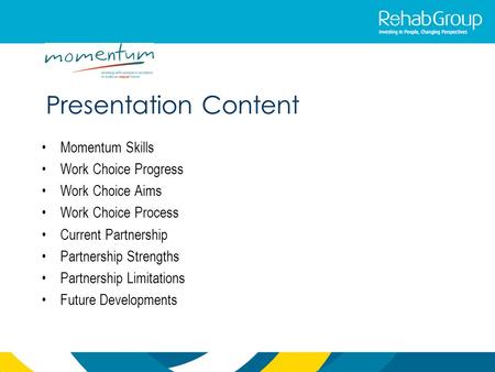 Presentation Content Momentum Skills Work Choice Progress Work Choice Aims Work Choice Process Current Partnership Partnership Strengths Partnership Limitations.