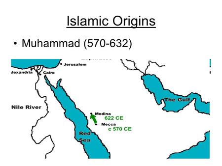 Islamic Origins Muhammad (570-632). Muhammad’s Career Mecca (611-22) Allah Ka‘bah Qur’an Medina (Yathrib) Hijrah – 622 630 – Conquest of Mecca.