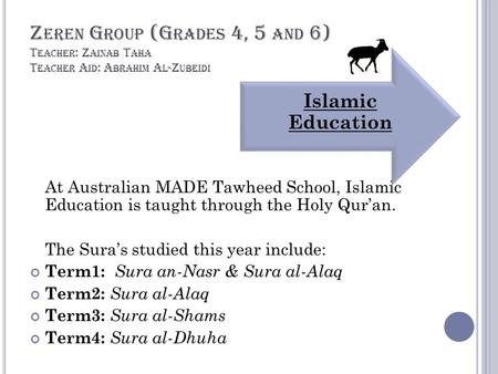 Z EREN G ROUP (G RADES 4, 5 AND 6) T EACHER : Z AINAB T AHA T EACHER A ID : A BRAHIM A L -Z UBEIDI At Australian MADE Tawheed School, Islamic Education.