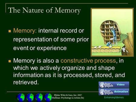 ©John Wiley & Sons, Inc. 2007 Huffman: Psychology in Action (8e) The Nature of Memory Memory: internal record or representation of some prior event or.