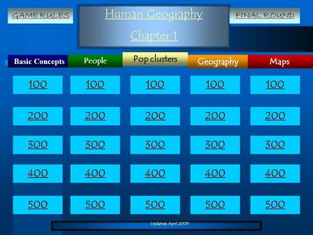Updated: April 2009 Human Geography Chapter 1 Basic Concepts Maps Pop clusters Geography People 100 200 300 400 500 100 200 300 400 500 GAME RULESFINAL.