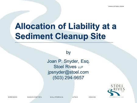 Allocation of Liability at a Sediment Cleanup Site by Joan P. Snyder, Esq. Stoel Rives LLP (503) 294-9657.