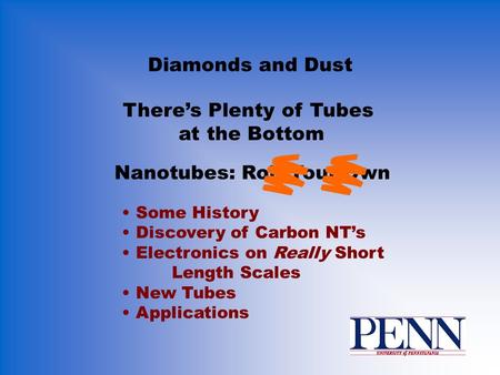 Diamonds and Dust Some History Discovery of Carbon NT’s Electronics on Really Short Length Scales New Tubes Applications There’s Plenty of Tubes at the.
