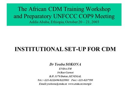 The African CDM Training Workshop and Preparatory UNFCCC COP9 Meeting Addis Ababa, Ethiopia, October 20 – 21, 2003 INSTITUTIONAL SET-UP FOR CDM Dr Youba.