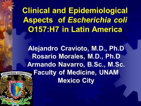 Clinical and Epidemiological Aspects of Escherichia coli O157:H7 in Latin America Alejandro Cravioto, M.D., Ph.D Rosario Morales, M.D., Ph.D Armando Navarro,
