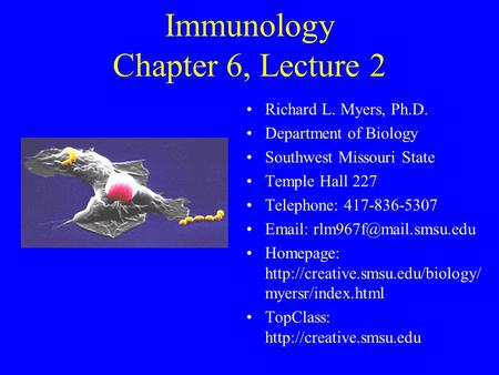 Immunology Chapter 6, Lecture 2 Richard L. Myers, Ph.D. Department of Biology Southwest Missouri State Temple Hall 227 Telephone: 417-836-5307