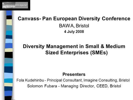 Canvass- Pan European Diversity Conference BAWA, Bristol 4 July 2008 Diversity Management in Small & Medium Sized Enterprises (SMEs) Presenters Fola Kudehinbu.