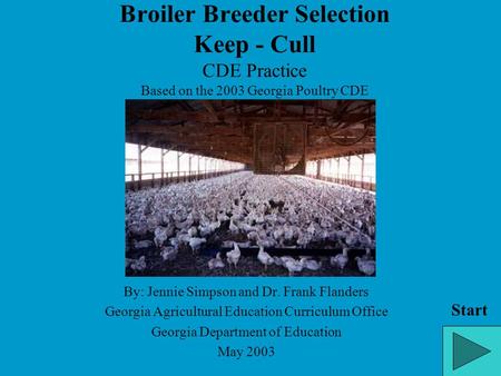 Broiler Breeder Selection Keep - Cull CDE Practice Based on the 2003 Georgia Poultry CDE By: Jennie Simpson and Dr. Frank Flanders Georgia Agricultural.
