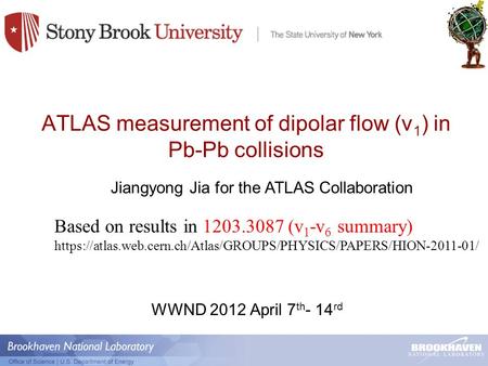 ATLAS measurement of dipolar flow (v 1 ) in Pb-Pb collisions Jiangyong Jia for the ATLAS Collaboration WWND 2012 April 7 th - 14 rd Based on results in.