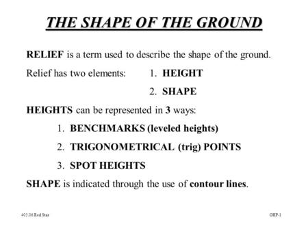 THE SHAPE OF THE GROUND RELIEF is a term used to describe the shape of the ground. Relief has two elements:1. HEIGHT 2. SHAPE HEIGHTS can be represented.