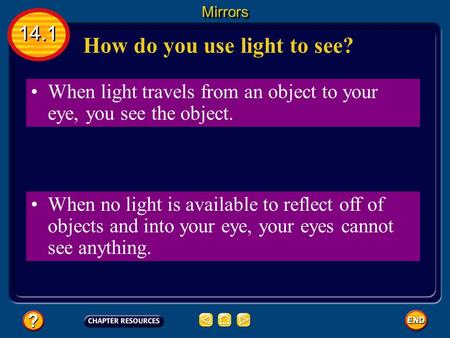 When light travels from an object to your eye, you see the object. How do you use light to see? 14.1 Mirrors When no light is available to reflect off.
