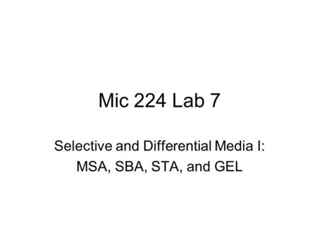 Mic 224 Lab 7 Selective and Differential Media I: MSA, SBA, STA, and GEL.