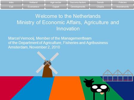 Economics Investments Chains Agri-sector Holland Intro Success factors Export Developments Policies Trends Exit 1 Intro Welcome to the Netherlands Ministry.