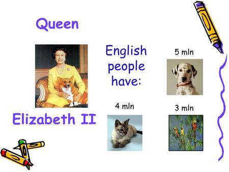 English people have: 5 mln 4 mln 3 mln Queen Elizabeth II.