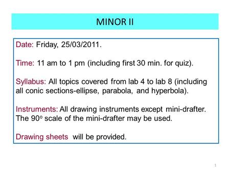 MINOR II 1 Date: Friday, 25/03/2011. Time: 11 am to 1 pm (including first 30 min. for quiz). Syllabus: All topics covered from lab 4 to lab 8 (including.