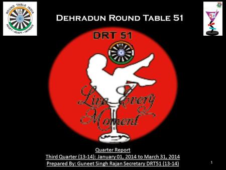 1 Quarter Report Third Quarter (13-14): January 01, 2014 to March 31, 2014 Prepared By: Guneet Singh Rajan Secretary DRT51 (13-14) Dehradun Round Table.
