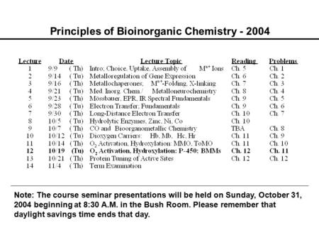 Principles of Bioinorganic Chemistry - 2004 Note: The course seminar presentations will be held on Sunday, October 31, 2004 beginning at 8:30 A.M. in the.