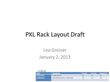 PXL Rack Layout Draft Leo Greiner January 2, 2013 DateCommentsPersonVersionApproved 01/02/2013Initial versionLG1.0LG 01/09/2013 add additional PS in WAH.