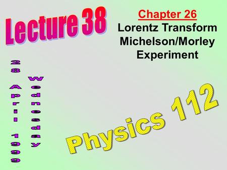 Chapter 26 Lorentz Transform Michelson/Morley Experiment.